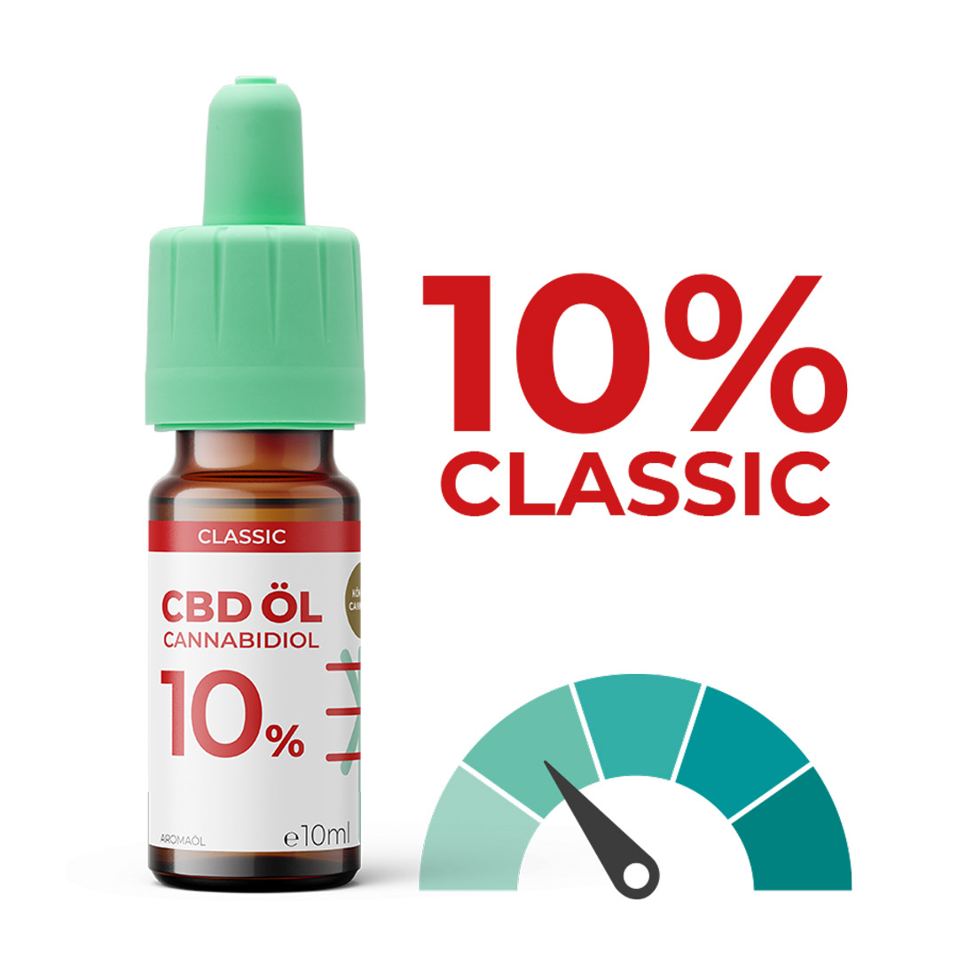 Produktbild CBD Öl Classic 10 % von Hanfama: Braunglasflasche mit grünem Pipettenschraubverschluss